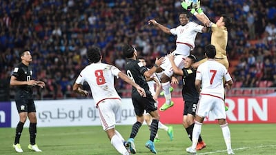 UAE, in white, played out a 1-1 draw against Thailand in a 2018 World Cup qualifier at the Rajamangala Stadium in Bangkok on Tuesday, June 13, 2017. Courtesy UAE FA