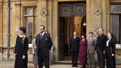 From left, Elizabeth McGovern as Lady Grantham, Hugh Bonneville as Lord Grantham, Dan Stevens as Matthew Crawley, Penelope Wilton as Isobel Crawley, Allen Leech as Tom Branson, Jim Carter as Mr Carson, and Phyllis Logan as Mrs Hughes, from Downton Abbey. AP Photo / PBS, Carnival Film & Television Limited 2012 for MASTERPIECE, Nick Briggs
