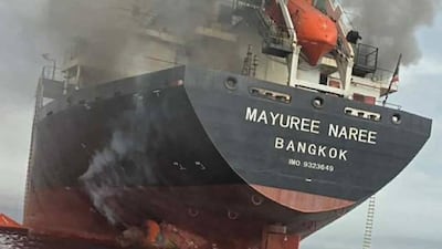 A handout photo made available by the Royal Thai Navy shows the Thai-flagged cargo ship Mayuree Naree on fire after being hit by Iranian missiles in the Strait of Hormuz, Iran, 11 March 2026 (issued 12 March 2026). According to the Royal Thai Navy, 20 Thai crew members were rescued by Oman’s navy while three remain missing. EPA / ROYAL THAI NAVY / HANDOUT HANDOUT EDITORIAL USE ONLY / NO SALES