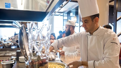 Live cooking at the Etihad lounge as the airline welcomes its guests to Terminal A. Flagship lounges spread across three floors offer a range of dining options