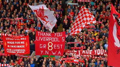 Liverpool fans pay tribute to Steven Gerrard during the Premier League match between Liverpool and Crystal Palace. Stu Forster / Getty Images