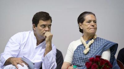 Congress party president Sonia Gandhi, right, and her son and party vice president Rahul Gandhi listen to a speaker during celebrations marking the 125th birth anniversary of Jawaharlal Nehru, India’s first prime minister and the father Mrs Gandhi’s late husband, in New Delhi on November 13, 2014. Saurabh Das / AP Photo