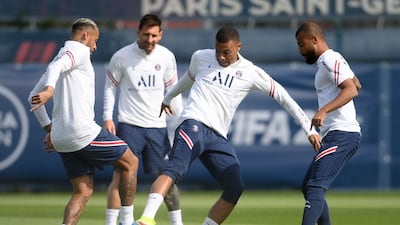 Neymar, Messi, Kylian Mbappe and Rafinha take part in a training session. AFP