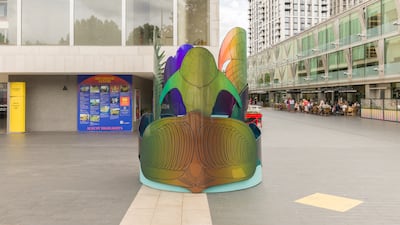 The crustaceans were reimagined by Al Qadiri as a series of graphic motifs on eight separate aluminium panels linked by a turquoise-coloured structure.