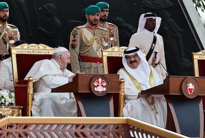 Pope Francis in conversation with Bahrain's King Hamad in Manama in 2022. Bahrain established a centre for religious tolerance that facilitated a visit by Pope Francis along with several other religious leaders. Reuters
