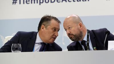 epa08071166 COP25 Presidency Coordinator Andres Landerretche (L) and Alexander Saier (R) , UNFCCC Officer-in-charge Director Communications and Outreach, attends a press conference prior the final plenary session of the COP25 Climate Summit in Madrid, Spain, 14 December 2019. The UN Climate Change Conference COP25 was prolonged after countries were struggeling to define a common goal, while it was scheduled to run from 02 to 13 December 2019 in the Spanish capital. EPA/ZIPI