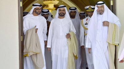 (From left) Gen Sheikh Mohammed bin Zayed, Crown Prince of Abu Dhabi and Deputy Supreme Commander of the UAE Armed Forces and Sheikh Mohammed bin Rashid, Vice President and Ruler of Dubai, see President Sheikh Khalifa bin Zayed (far right) off as he heads to Pakistan on a private visit. Wam