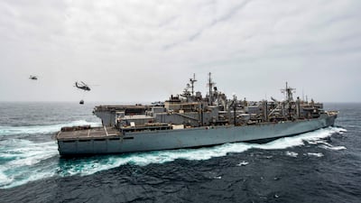 The USS Boxer receives replenishment-at-sea from support ship USNS Arctic in the Arabian Sea. AFP