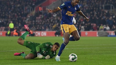 SOUTHAMPTON RATINGS: Gavin Bazunu 7: Left with bloody nose after first-half collision with Almiron. No shots on target until just before half-time when he saved well from Willock. No chance with goal. Rounded by Isak late on but did enough to push attacker wide of goal. Getty