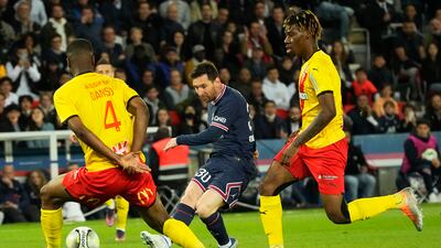 Lionel Messi takes a shot on goal during PSG's Ligue 1 match against Lens. AP