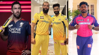 The IPL 2023 playing kits of Royal Challengers Bangalore, left, Chennai Super Kings, centre, and Rajasthan Royals. Photos: RCB, CSK and RR Twitter / Instagram