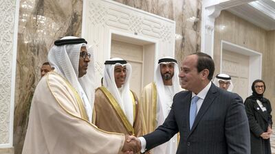 Abdel Fattah El Sisi, President of Egypt (4th L) greets Juma Al Junaibi, UAE Ambassador to Egypt (L), at Heliopolis Palace, during an official visit. They are seen with Mohamed Alabbar, Founder and Chairman of Emaar Properties and Board Member of Eagle Hills (2nd L) and Mohamed Mubarak Al Mazrouei, Undersecretary of the Crown Prince Court of Abu Dhabi (3rd L). Mohamed Al Hammadi / Crown Prince Court - Abu Dhabi