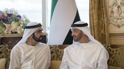 Sheikh Mohammed bin Zayed, Crown Prince of Abu Dhabi and Deputy Supreme Commander of the Armed Forces, and Sheikh Mohammed bin Rashid, Vice President, and Ruler of Dubai, will attend the Centennial 2071 meeting on Tuesday. Mohammed Al Hammadi / Crown Prince Court - Abu Dhabi
