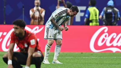 Lionel Messi celebrates Argentina's winning goal against Egypt. EPA