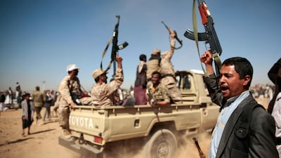 Tribesmen loyal to Houthi rebels chant slogans to mobilise people into battlefronts to fight pro-government forces, in Sanaa, Yemen. AP