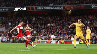 Fabio Vieira scores Arsenal's third goal. Reuters