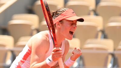 Tamara Zidansek celebrates after beating Paula Badosa in the French Open quarter-finals at Roland Garros Paris on Tuesday, June 8. EPA