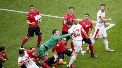 Fabian Schar (C) of Switzerland scores the opening goal during the Uefa Euro 2016 group A preliminary round match between Albania and Switzerland at Stade Bollaert-Delelis in Lens Agglomeration, France, 11 June 2016. Shawn Thew / EPA
