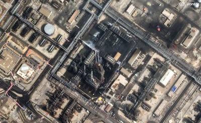 A satellite image shows efforts to control a fire in the Ras Tanura oil refinery in Saudi Arabia after a drone attack in Ras Tanura, Saudi Arabia. Handout via Reuters