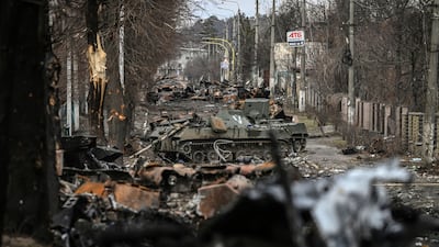 Destroyed Russian armoured vehicles in the city of Bucha, west of Kyiv. AFP