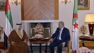 Sheikh Mansour meets Abdul Malik Salal in Algeria. They discussed possible investment projects between the two countries and exchanged views on regional and international issues of common concern. Wam