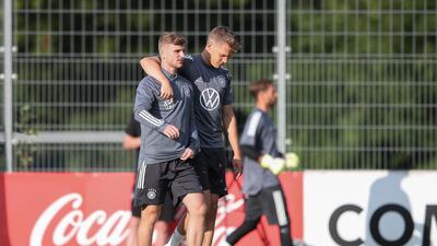 Timo Werner and Matthias Ginter during a training session at ADM-Sportpark ahead of Germany's Uefa Nations League group stage match against Spain. Getty Images