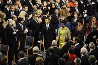 Barack and Michelle Obama arrive for the Nobel Peace Prize award ceremony at City Hall in Oslo in 2009