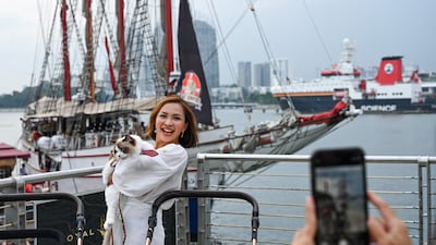 Visitors can board the Royal Albatross, a luxury tall ship that hosts sailing and dining experiences around Singapore with pets allowed. All photos: AFP