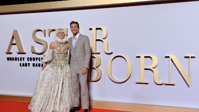 Lady Gaga wears Elizabethan-style Alexander McQueen, with Bradley Cooper for the 'A Star Is Born' UK Premiere at Vue West End on September 27, 2018 in London, England. Getty Images