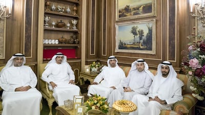 Sheikh Shakboot bin Nahyan bin Mubarak Al Nahyan, UAE Ambassador to Saudi Arabia, Khaldoon Khalifa Al Mubarak, CEO and Managing Director of Mubadala, Chairman of the Abu Dhabi Executive Affairs Authority and Abu Dhabi Executive Council Member, Mohammed Mubarak Al Mazrouei, Undersecretary of the Crown Prince Court of Abu Dhabi and Ali Mohammed Hammad Al Shamsi, Deputy Secretary-General of the UAE Supreme National Security Council, attend a meeting with King Salman (not shown), at Arqa Palace. Mohamed Al Hammadi / Crown Prince Court - Abu Dhabi