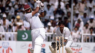 India's Navjot Sidhu hits a four against Pakistan at the Champions Trophy in Sharjah on October 15, 1989. The two rivals have played many matches through the 1980s and 1990s in the UAE.