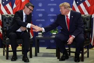 Britain's Prime Minister Andy Burnham shakes hands with US President Donald Trump during a meeting at the 81st United Nations General Assembly. Reuters