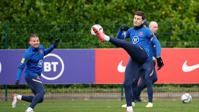 England's Harry Maguire and Kalvin Phillips during training on Sunday. Reuters