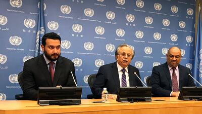 Saudi Arabia's UN Ambassador Abdallah Al Mouallimi, centre, said the Arab Coalition wants the issue of control of the key port city of Hodeidah to be resolved peacefully.. Reuters