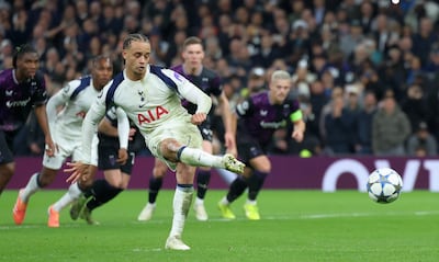 Xavi Simons scores from the penalty spot to earn Tottenham a 3-0 win over Slavia Praha. EPA