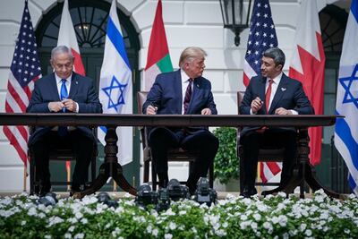 Israeli Prime Minister Benjamin Netanyahu, then-US president Donald Trump and Sheikh Abdullah bin Zayed, UAE Minister of Foreign Affairs and International Co-operation, signing the Abraham Accords at the White House in 2020. Photo: MoFAIC
