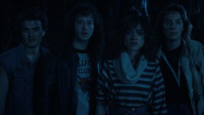 From left, Joe Keery as Steve Harrington, Joseph Quinn as Eddie Munson, Natalia Dyer as Nancy Wheeler, and Maya Hawke as Robin Buckley.