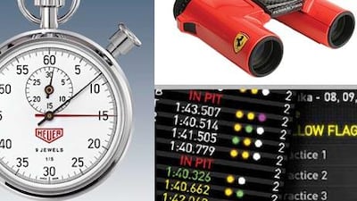 Stopwatch from Tag Heuer; Ferrari Visio binoculars; iPhone app from Formula1.com