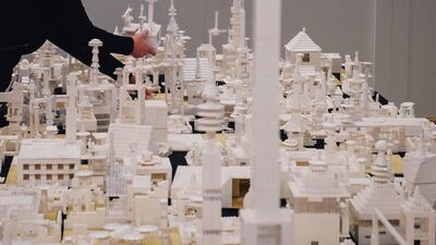 Lego structures realised by visitors are displayed at the event in Helsinki. AFP