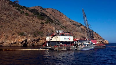 The derrick barge Salta Verde engaged in salvage operations over the wreck of the dive boat Conception at Santa Cruz Island off the coast of Southern California on Friday. AP