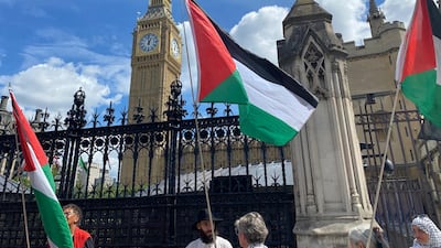 A pro-Palestine protest outside the UK parliament. Britain is now likley to recognise a Palestinian state as Israel rejects its conditions not to do so. Thomas Harding / The National
