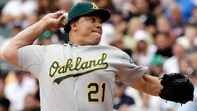 Pitcher Bartolo Colon in action for the Oakland Athletics.