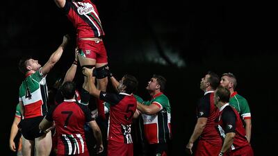UAE's Daniel Perry is lifted for a line out against Premiership Barbarians in Sharjah on April 28, 2017. Satish Kumar / The National