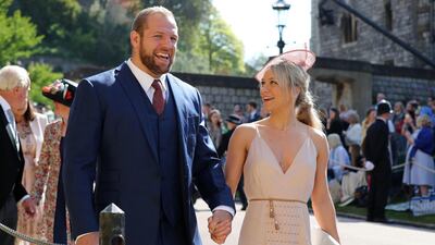 England rugby international James Haskell and Chloe Madeley arrive for the wedding ceremony of Britain's Prince Harry and Meghan Markle at St George's Chapel, Windsor Castle, in Windsor. Gareth Fuller / AFP