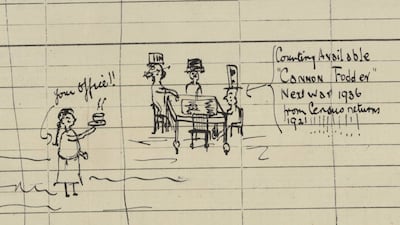 Undated handout photo issued by National Archives of details from a 1921 Census record, in which civil servant Arthur Vince, a 28-year-old tax officer for the Inland Revenue in London, defaced his 1921 census return with an astonishingly prophetic political cartoon depicting officials in top hats "counting cannon fodder" for the next war". The tax officer used his ink sketch to predict that the world would go to war in 1936. The cartoon features three men in top hats deemed to be the elite being served a cup of tea by a maid, sitting around a table with a piece of paper in front of them containing the words "War 1936". Issue date: Thursday January 6, 2022.