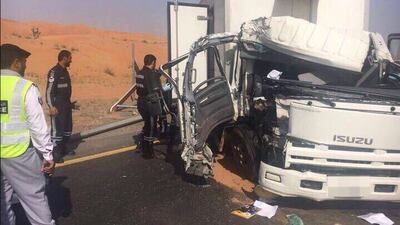 The driver lost control of his car and hit a lamppost at 8am on Al Shuhada Road. Courtesy RAK Police