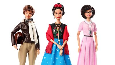This product image released by Barbie shows dolls in the image of pilot Amelia Earhart, left, Mexican artist Frida Khalo and mathematician Katherine Johnson, part of the Inspiring Women doll line series being launched ahead of International Women’s Day. Barbie via AP