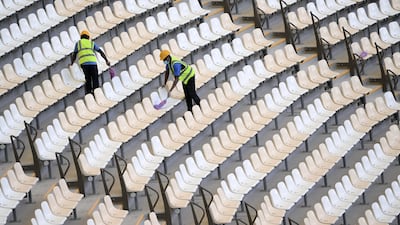 Workers inside Lusail Stadium in Doha, Qatar. Getty