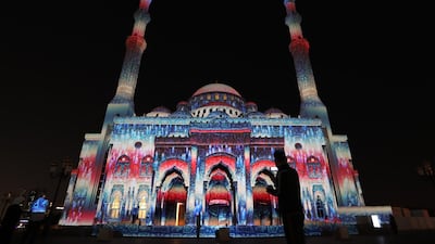 An illuminated Al Noor Mosque during the Sharjah Light Festival. EPA