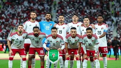 The UAE starting XI before the match in Al Rayyan. AFP